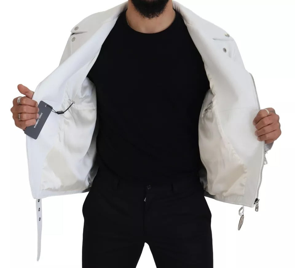 Dolce & Gabbana White Leather Biker Coat Zipper Men's Jacket (Pre-Owned)