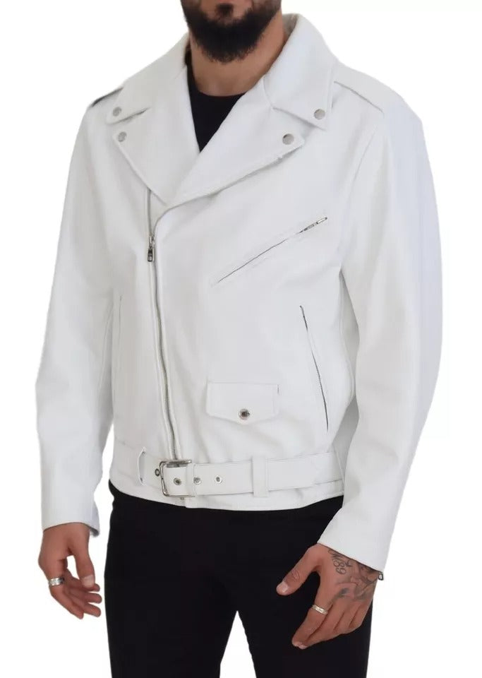 Dolce & Gabbana White Leather Biker Coat Zipper Men's Jacket (Pre-Owned)
