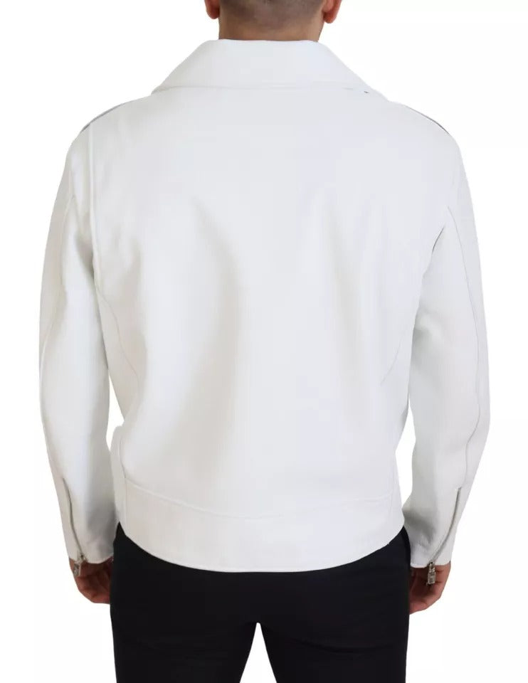 Dolce & Gabbana White Leather Biker Coat Zipper Men's Jacket (Pre-Owned)