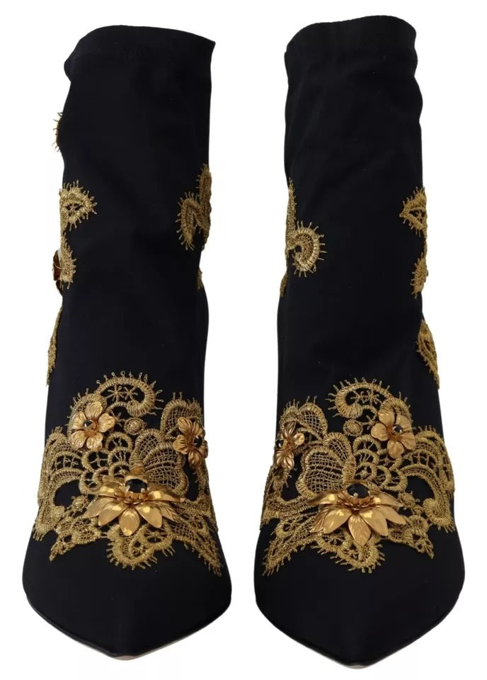 Dolce & Gabbana Black Gold Embroidery Slip On Boots Women's Shoes (Pre-Owned)