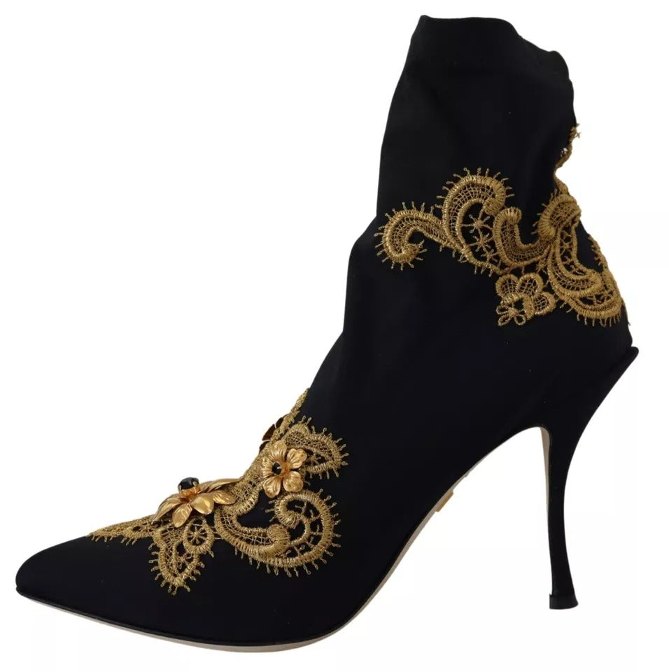 Dolce & Gabbana Black Gold Embroidery Slip On Boots Women's Shoes (Pre-Owned)
