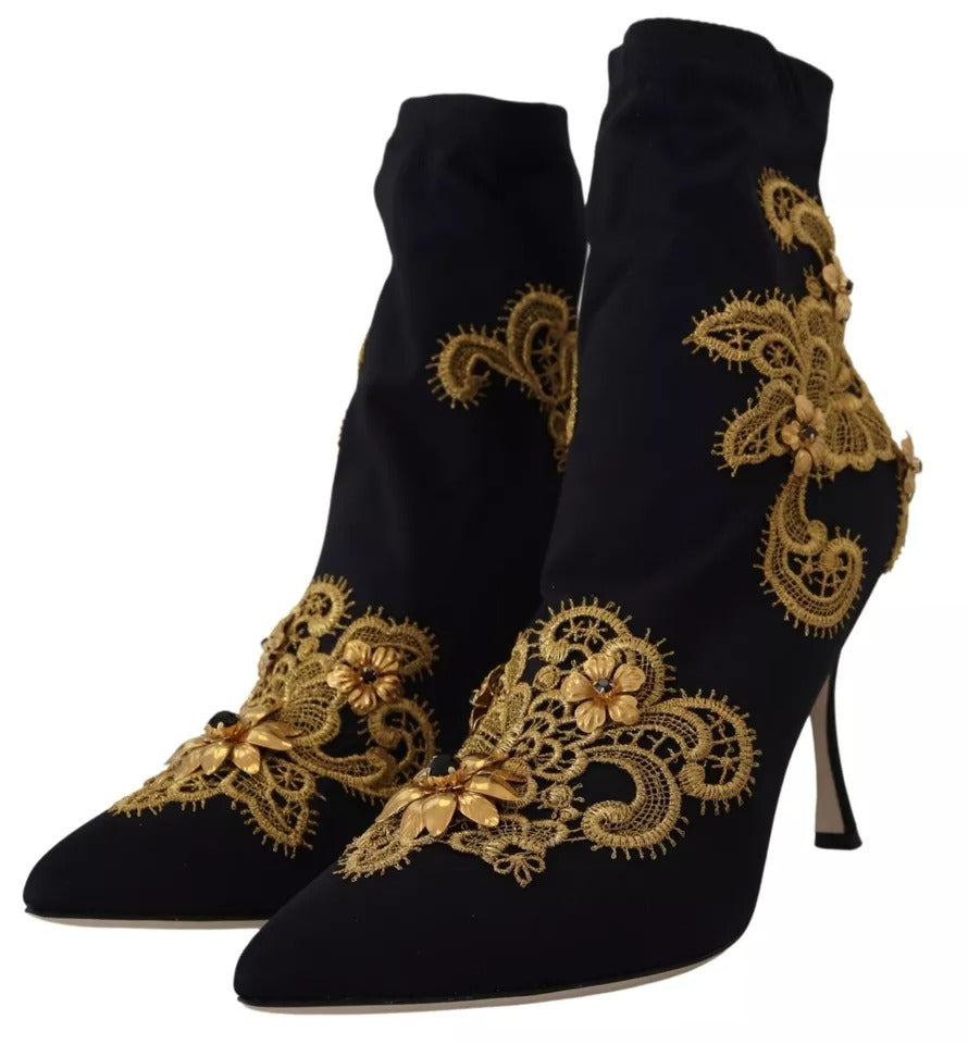 Dolce & Gabbana Black Gold Embroidery Slip On Boots Women's Shoes (Pre-Owned)