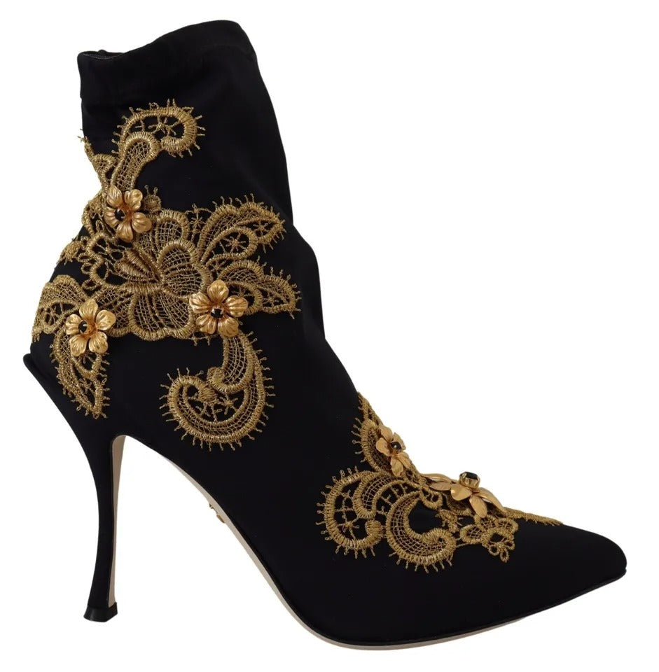 Dolce & Gabbana Black Gold Embroidery Slip On Boots Women's Shoes (Pre-Owned)