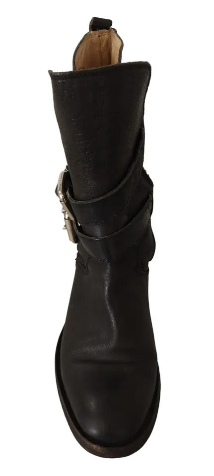 Dolce & Gabbana Black Leather Buckle Mid Calf Boots Women's Shoes (Pre-Owned)