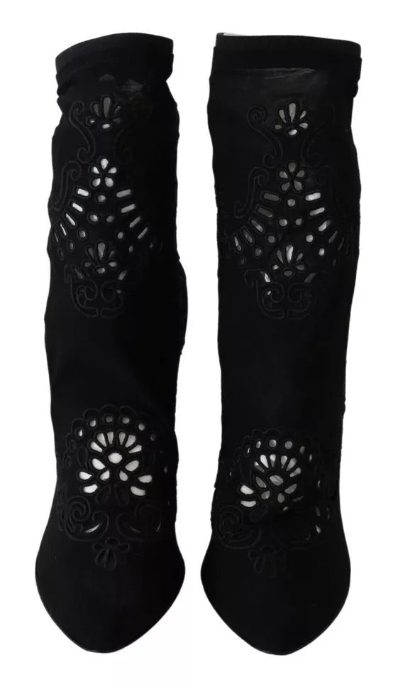 Dolce & Gabbana Black Stretch Pumps Boots Floral Lace Women's Shoes (Pre-Owned)