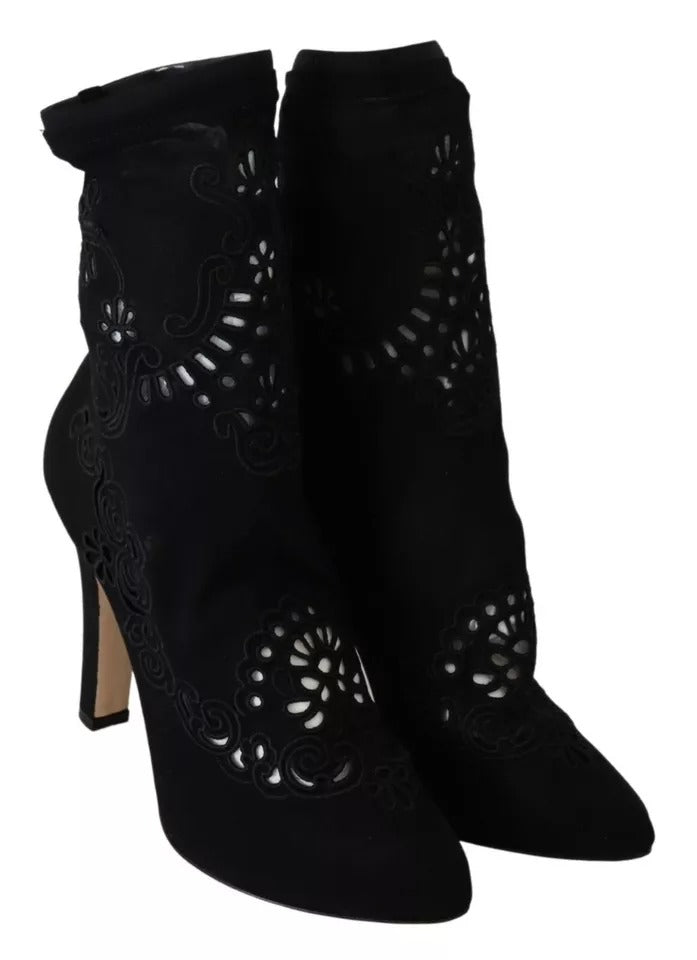Dolce & Gabbana Black Stretch Pumps Boots Floral Lace Women's Shoes (Pre-Owned)
