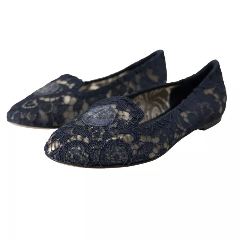 Dolce & Gabbana Dark Blue Taormina Lace Slip On Flats Women's Shoes (Pre-Owned)