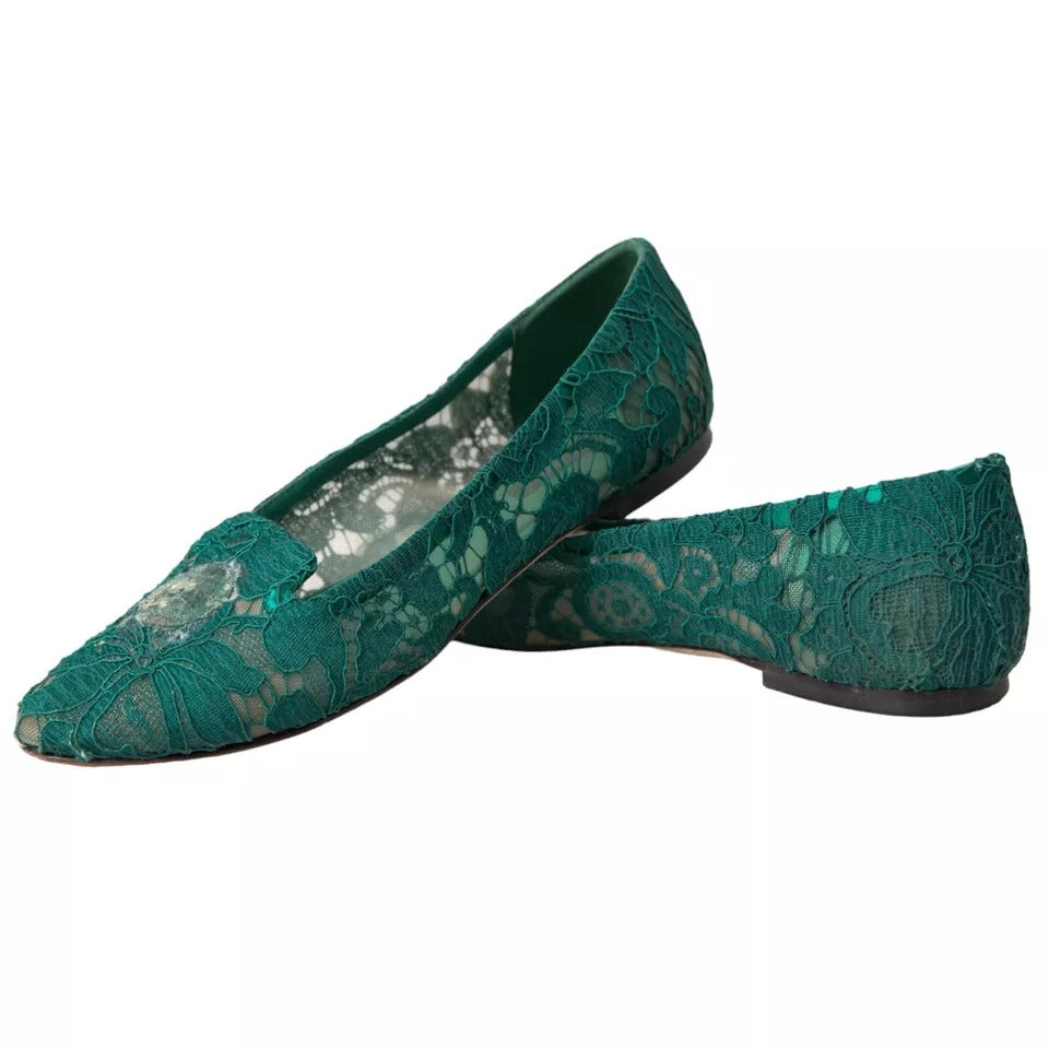 Dolce & Gabbana Green Taormina Lace Slip On Flats Women's Shoes (Pre-Owned)