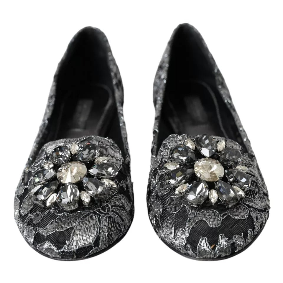 Dolce & Gabbana Gray Black Lace Crystal Ballet Loafers Women's Shoes (Pre-Owned)