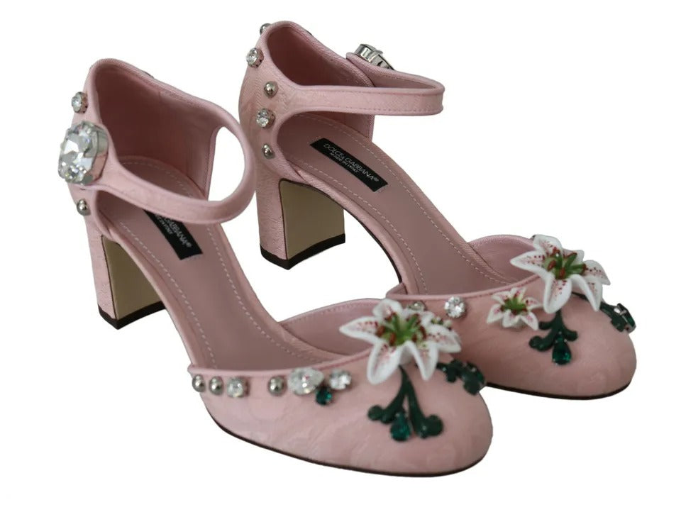 Dolce & Gabbana Pink Brocade Crystal Lily Ankle Strap Women's Shoes (Pre-Owned)