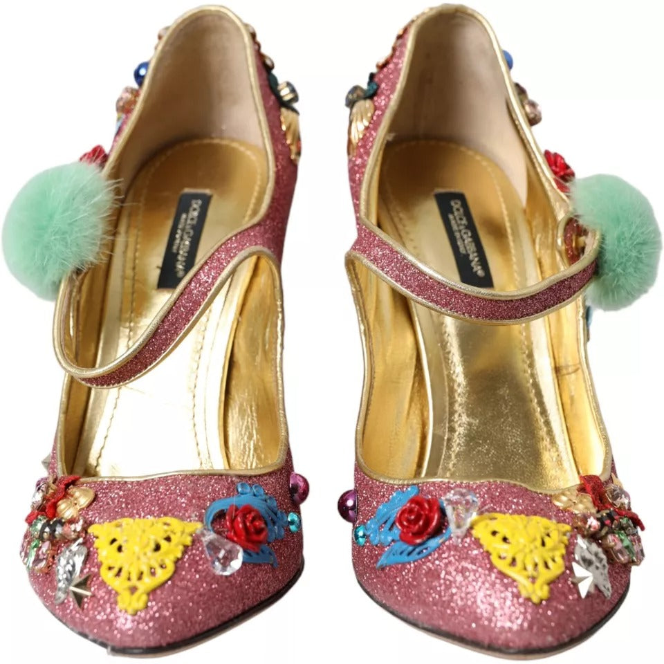 Dolce & Gabbana Pink Embellished Fur Mary Jane Pumps Women's Shoes (Pre-Owned)