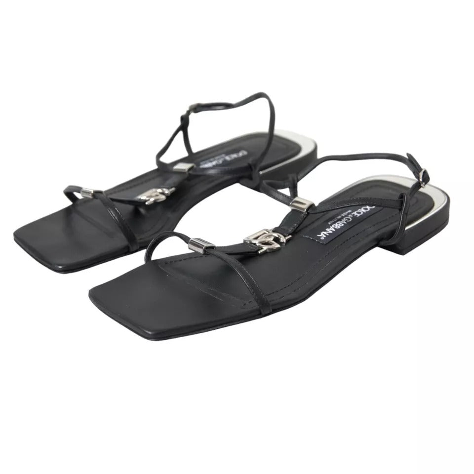 Dolce & Gabbana Black Leather DG Logo Flats Sandals Women's Shoes (Pre-Owned)