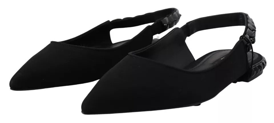 Dolce & Gabbana Black Flats Crystal Slingback Charmeuse Women's Shoes (Pre-Owned)