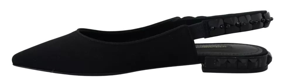 Dolce & Gabbana Black Flats Crystal Slingback Charmeuse Women's Shoes (Pre-Owned)