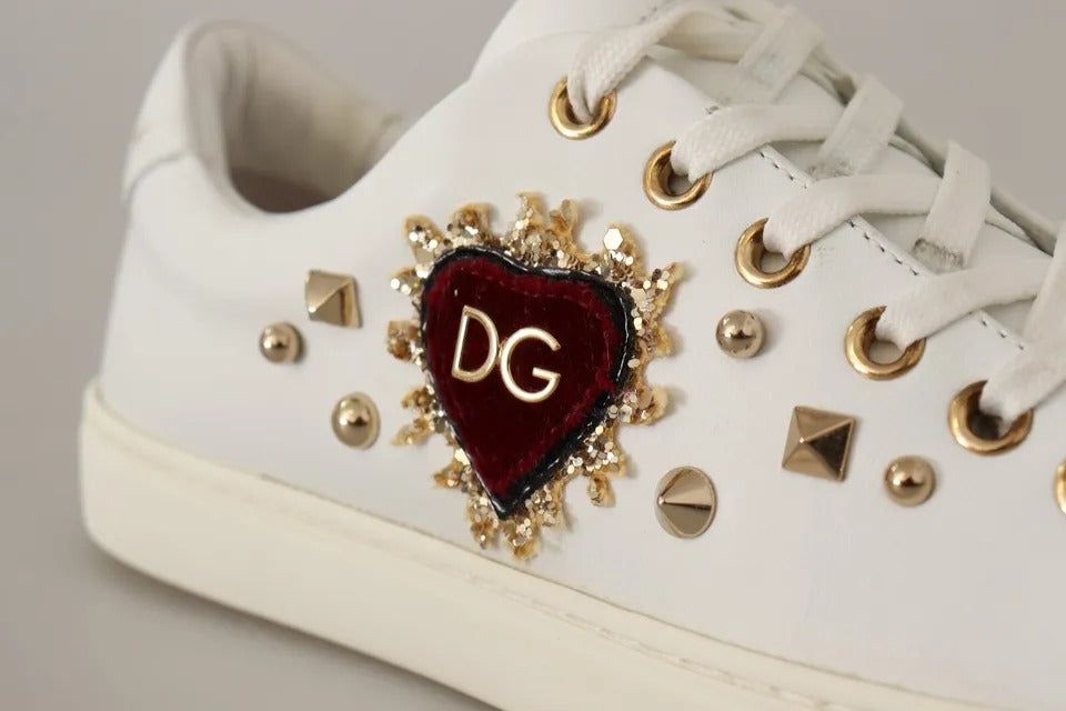 Dolce & Gabbana White Leather Gold Red Heart Sneakers Women's Shoes