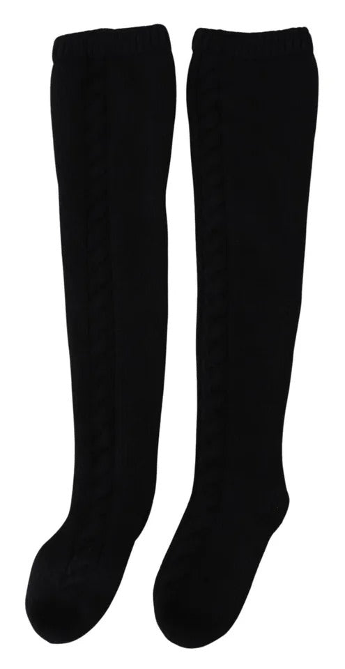 Dolce & Gabbana Black Wool Knit Calf Long Women Accessory Women's Socks (Pre-Owned)