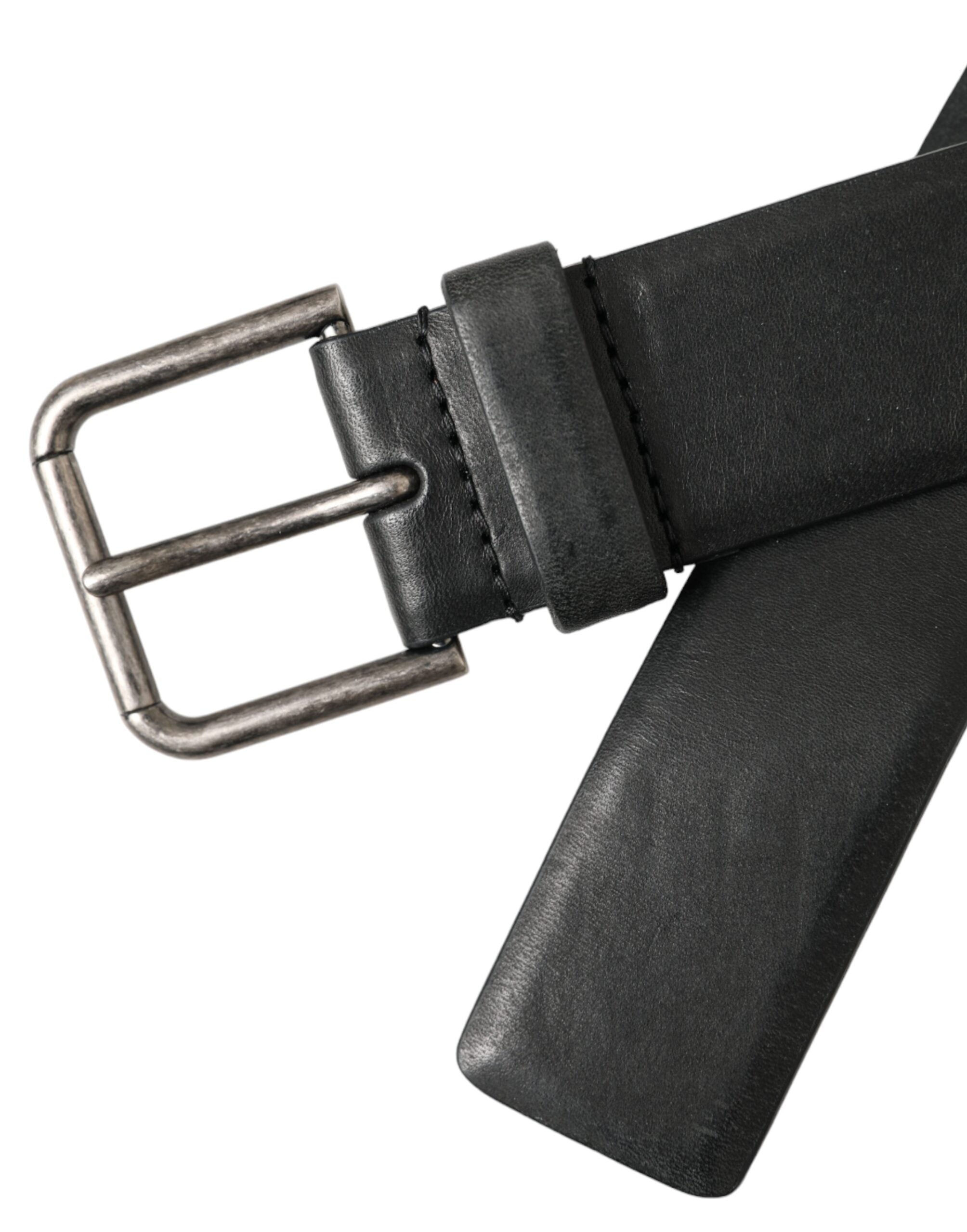 Dolce & Gabbana Black Calf Leather Silver Metal Buckle Men's Belt
