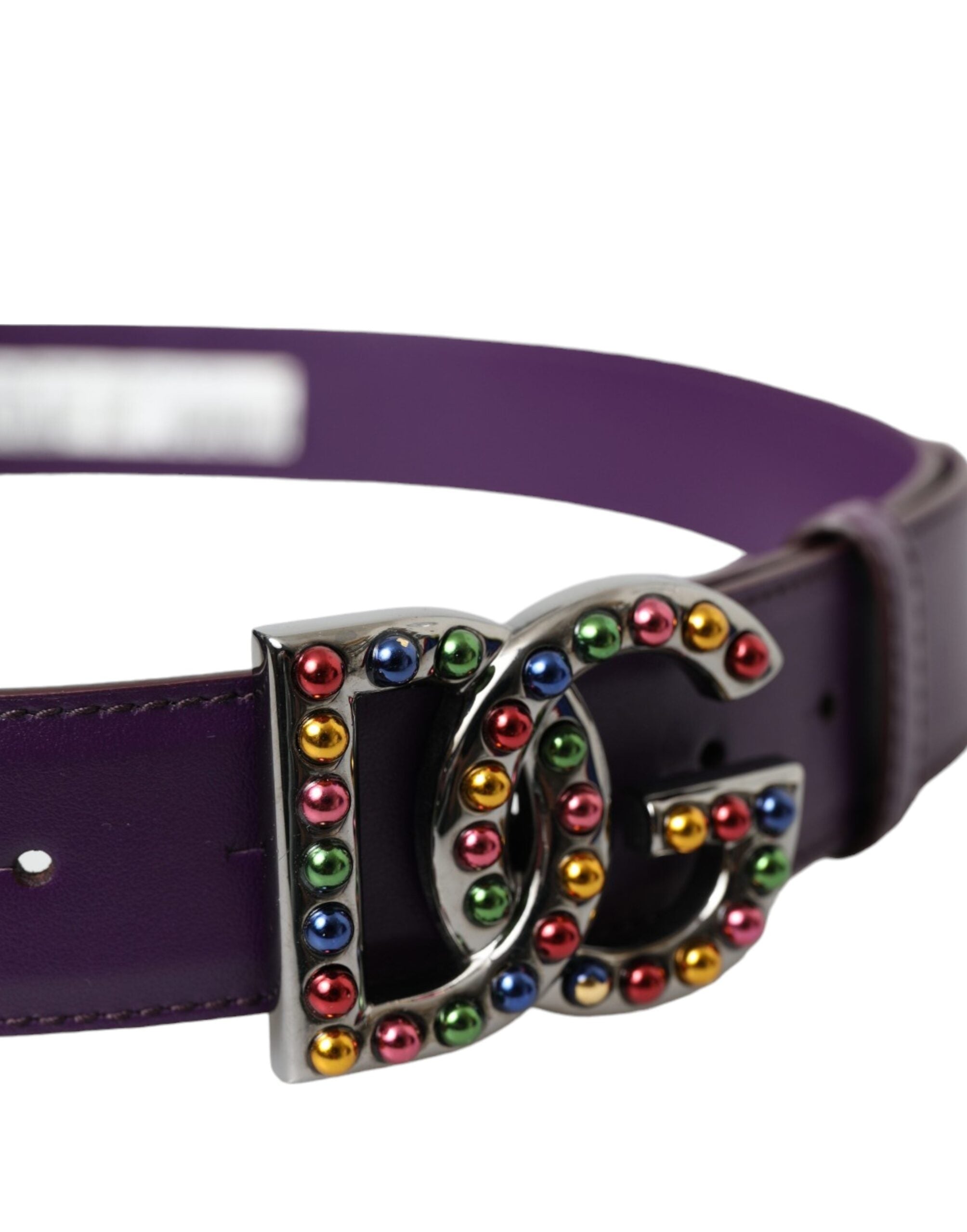Dolce & Gabbana Purple Leather DG Logo Studs Metal Buckle Women's Belt