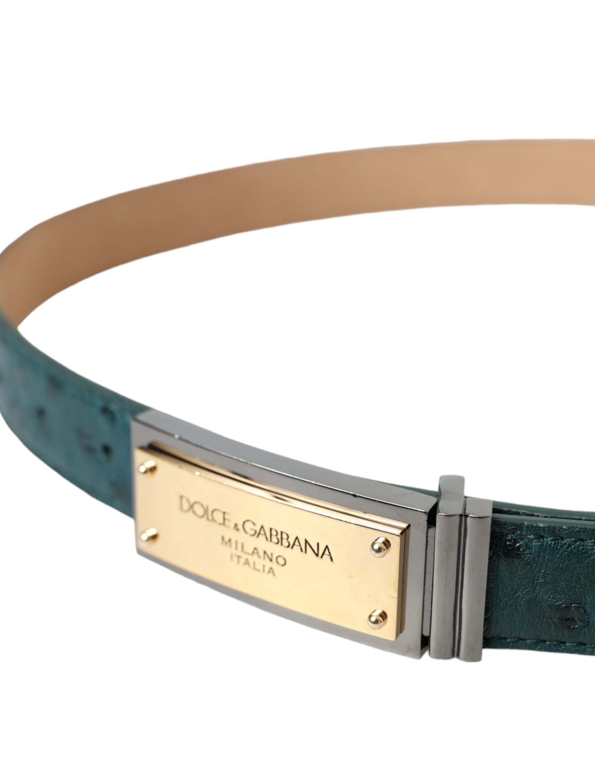 Dolce & Gabbana Green Leather Gold Logo Engraved Buckle Women's Belt