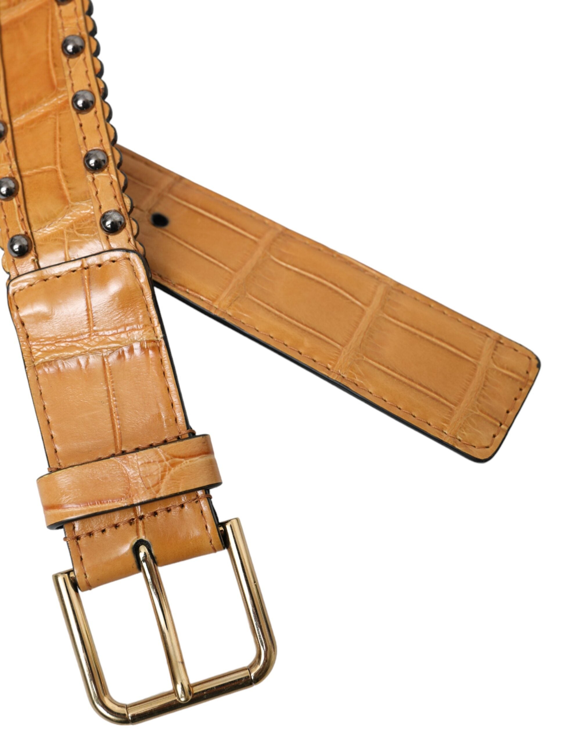Dolce & Gabbana Beige Alligator Leather Studded Metal Buckle Women's Belt
