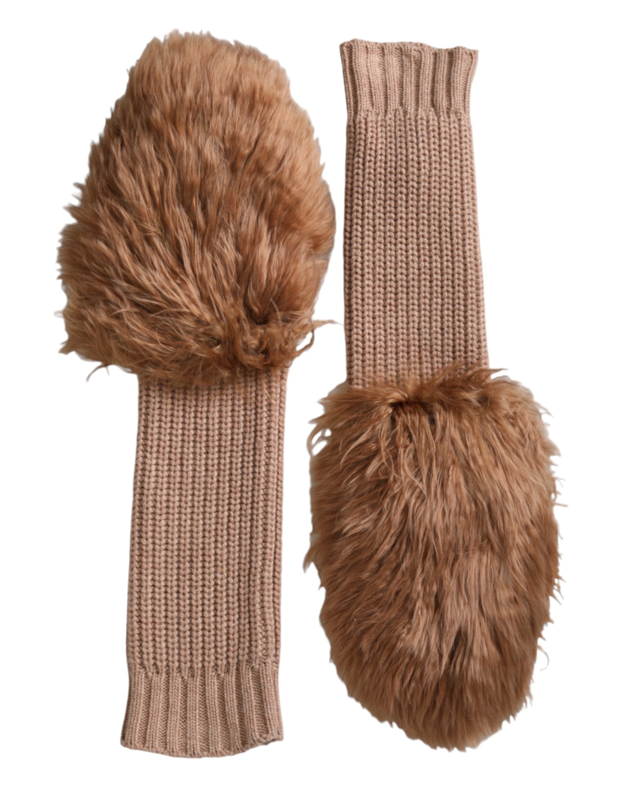 Dolce & Gabbana Brown Cashmere Knitted Fur Mid Arm Mitten Women's Gloves