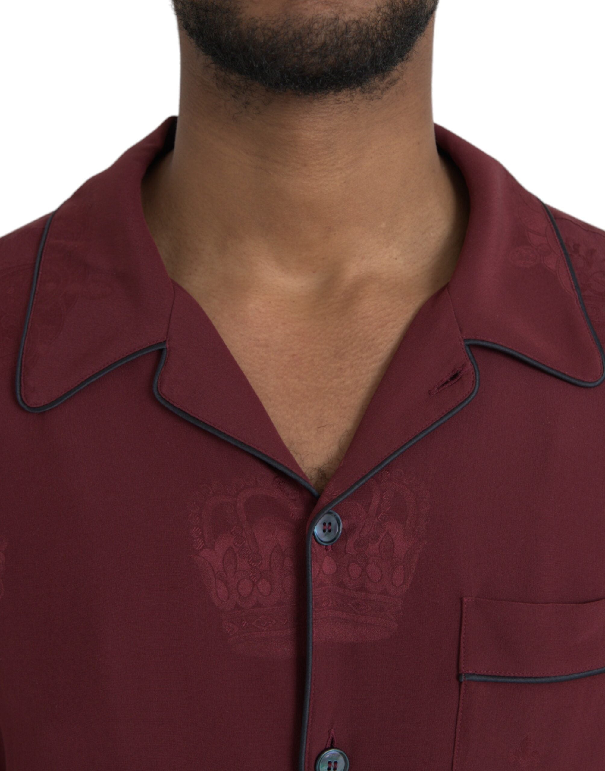 Dolce & Gabbana Maroon Crown Jacquard Silk Long Sleeve Men's Shirt