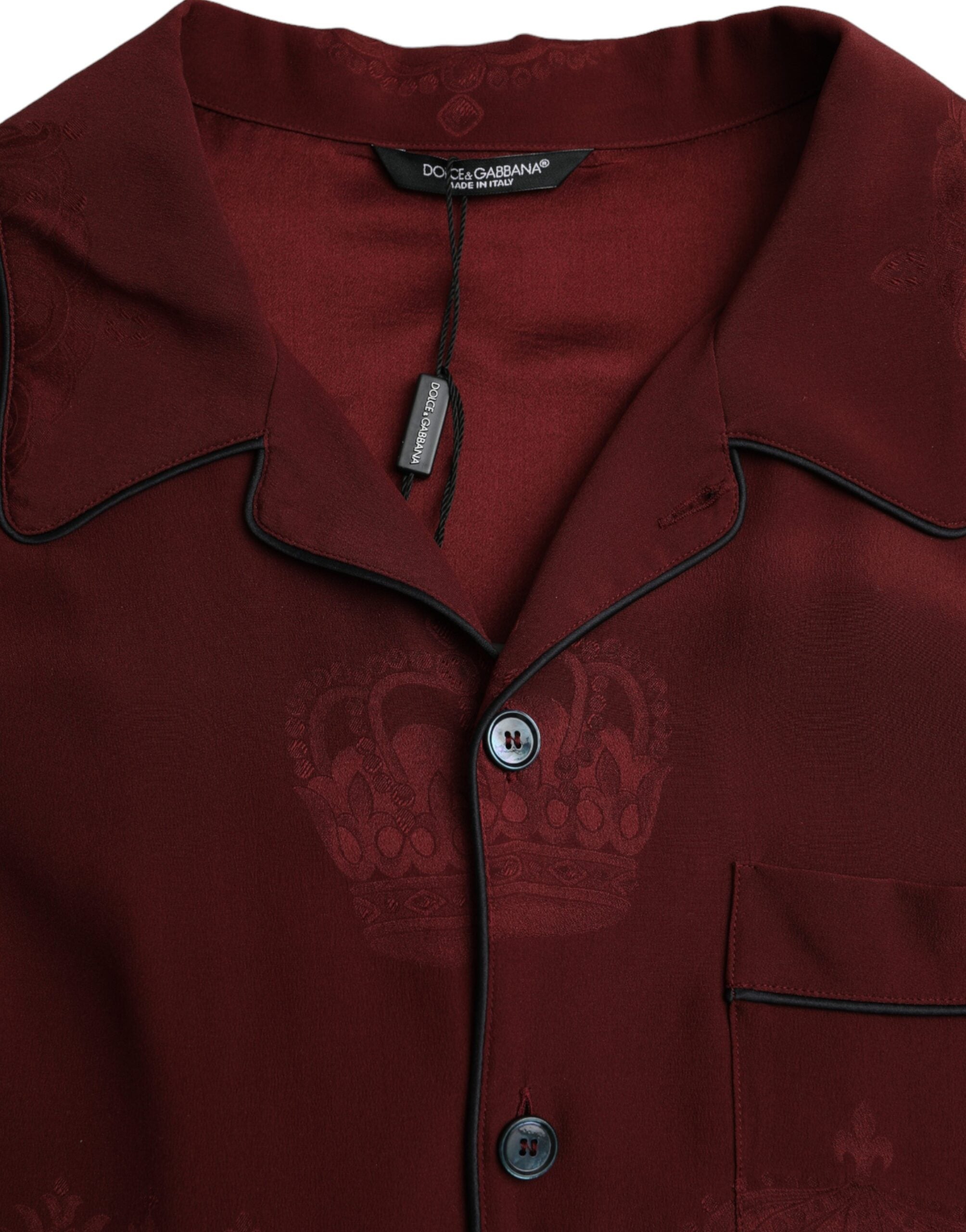 Dolce & Gabbana Maroon Crown Jacquard Silk Long Sleeve Men's Shirt