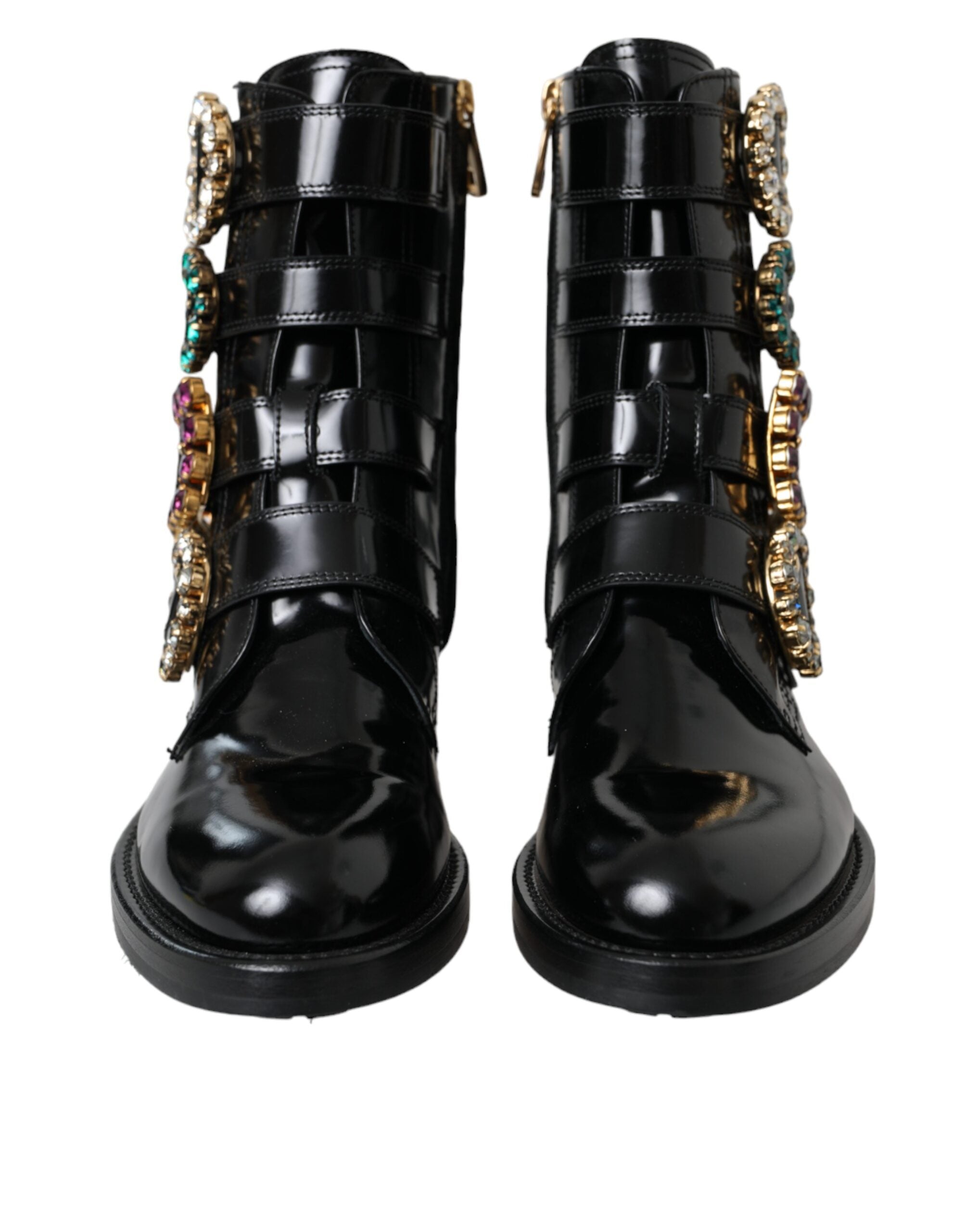 Dolce & Gabbana Black Leather Crystal Buckles Boots Women's Shoes