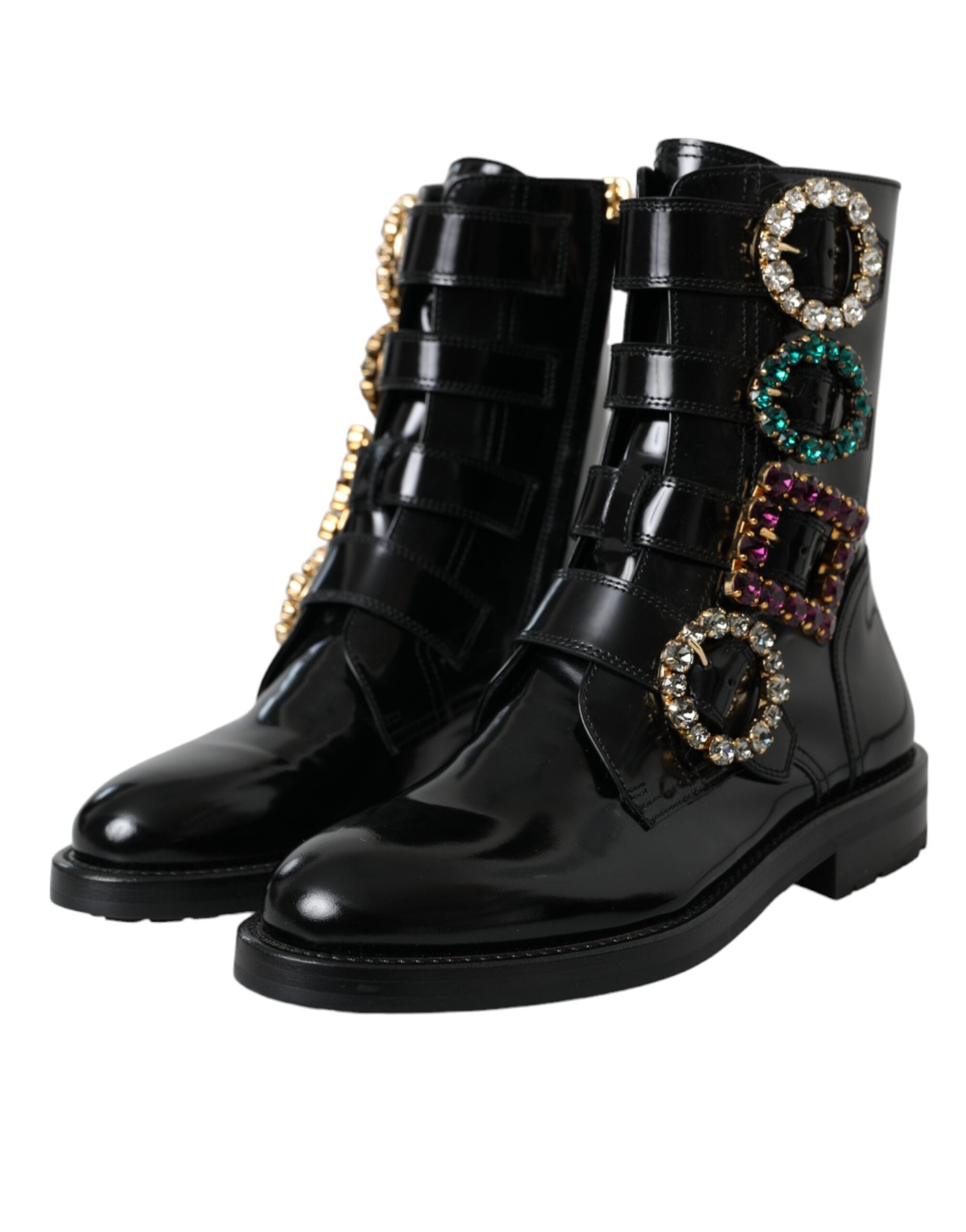 Dolce & Gabbana Black Leather Crystal Buckles Boots Women's Shoes