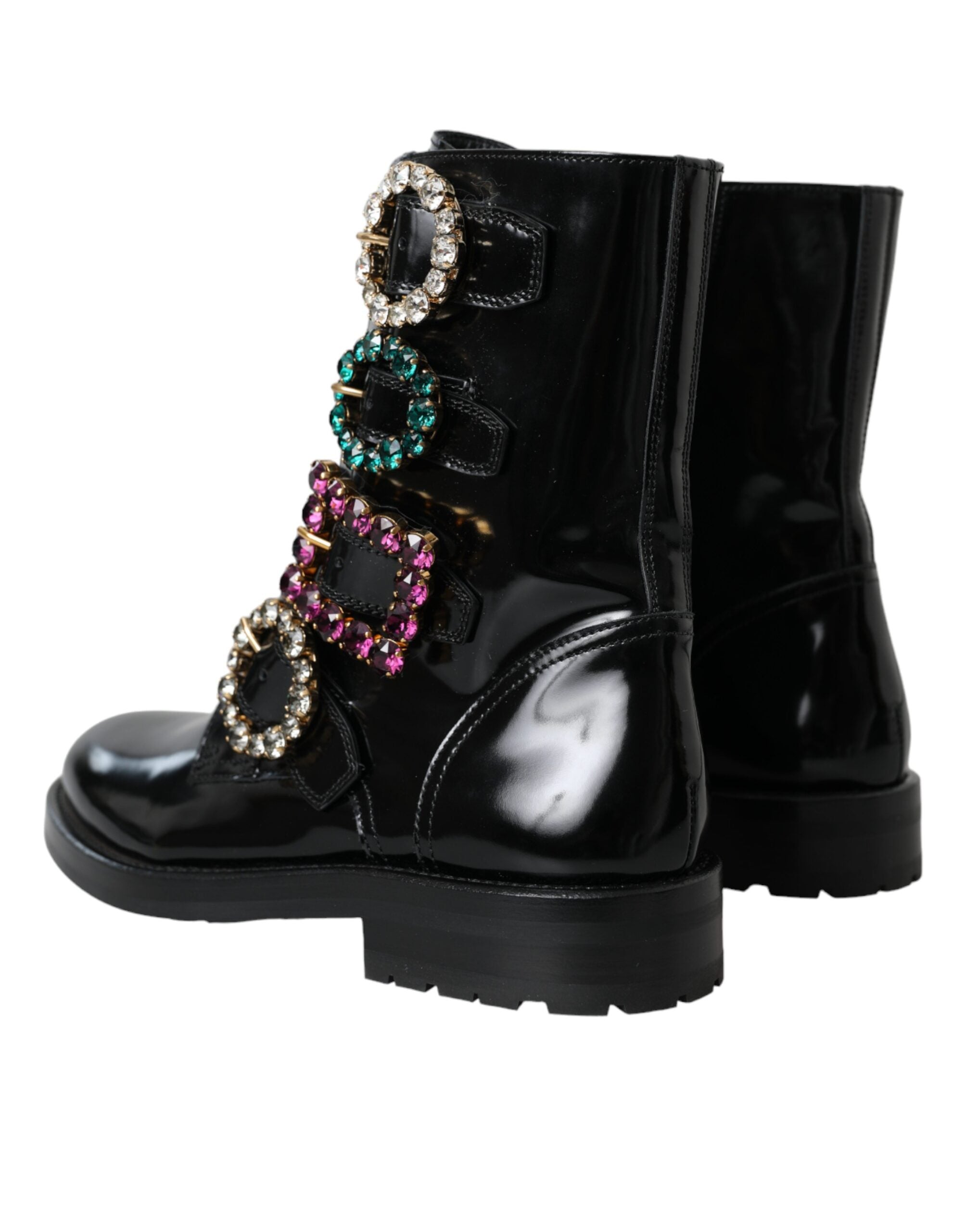 Dolce & Gabbana Black Leather Crystal Buckles Boots Women's Shoes