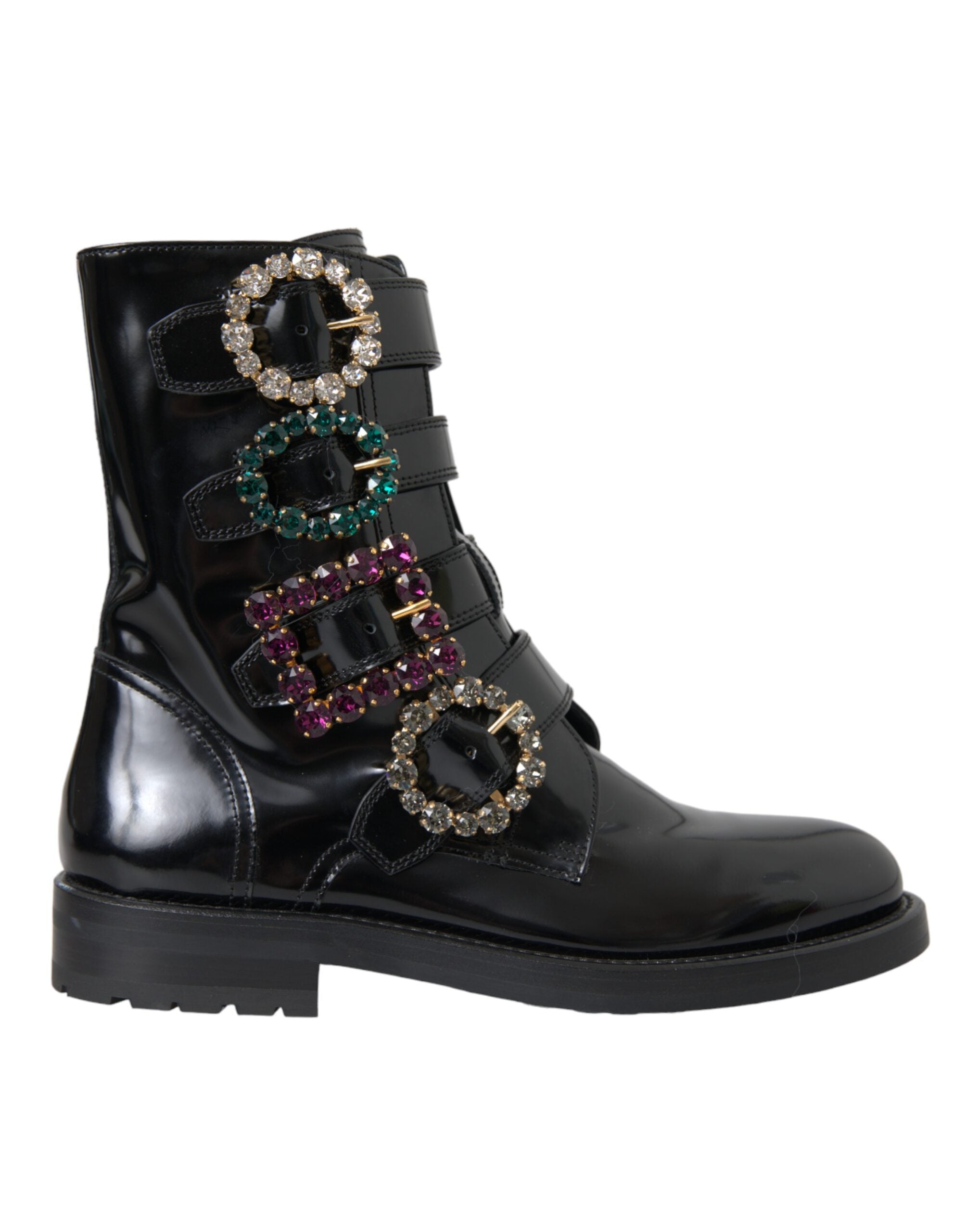 Dolce & Gabbana Black Leather Crystal Buckles Boots Women's Shoes