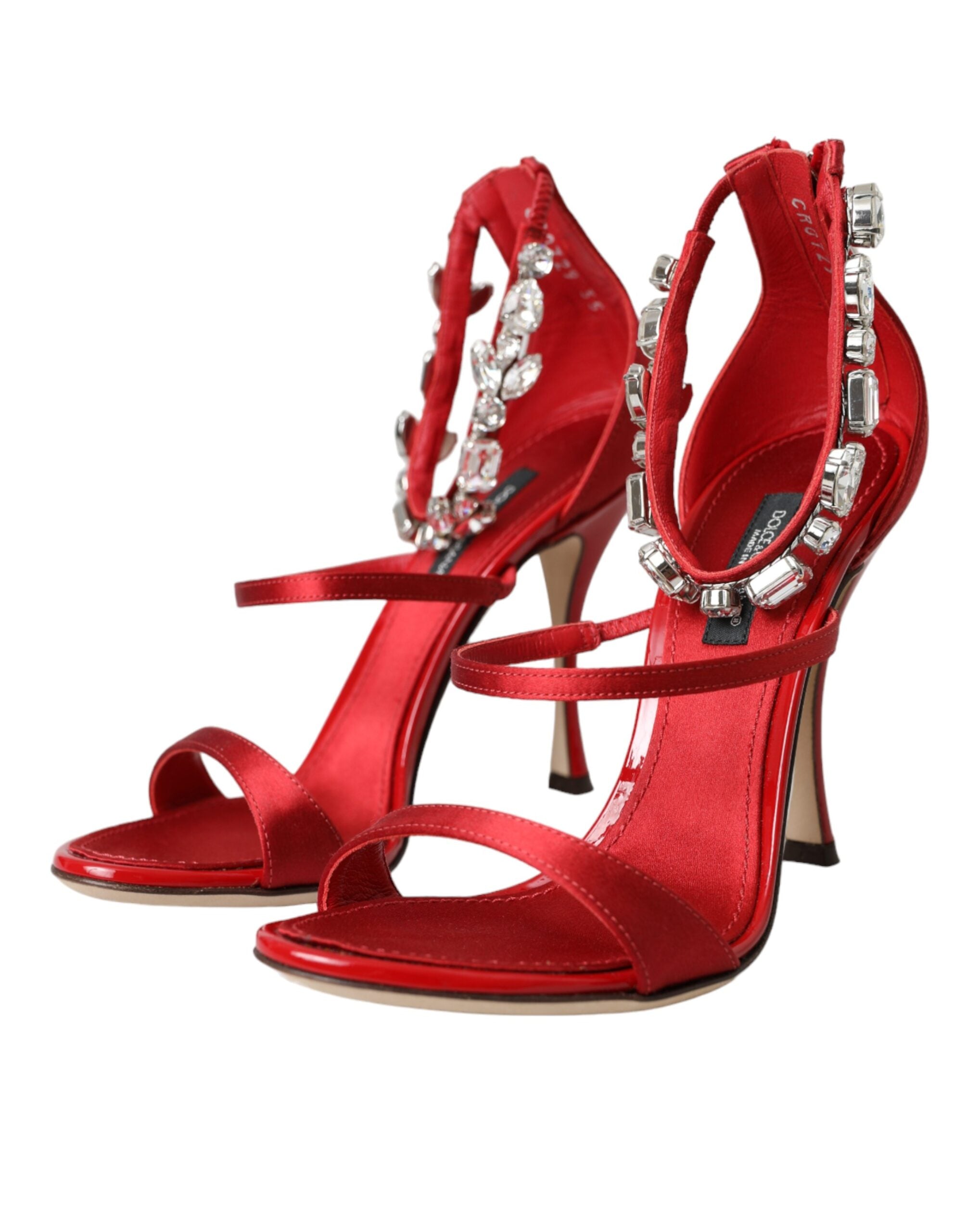 Dolce & Gabbana Red Keira Satin Crystals Sandals Heels Women's Shoes