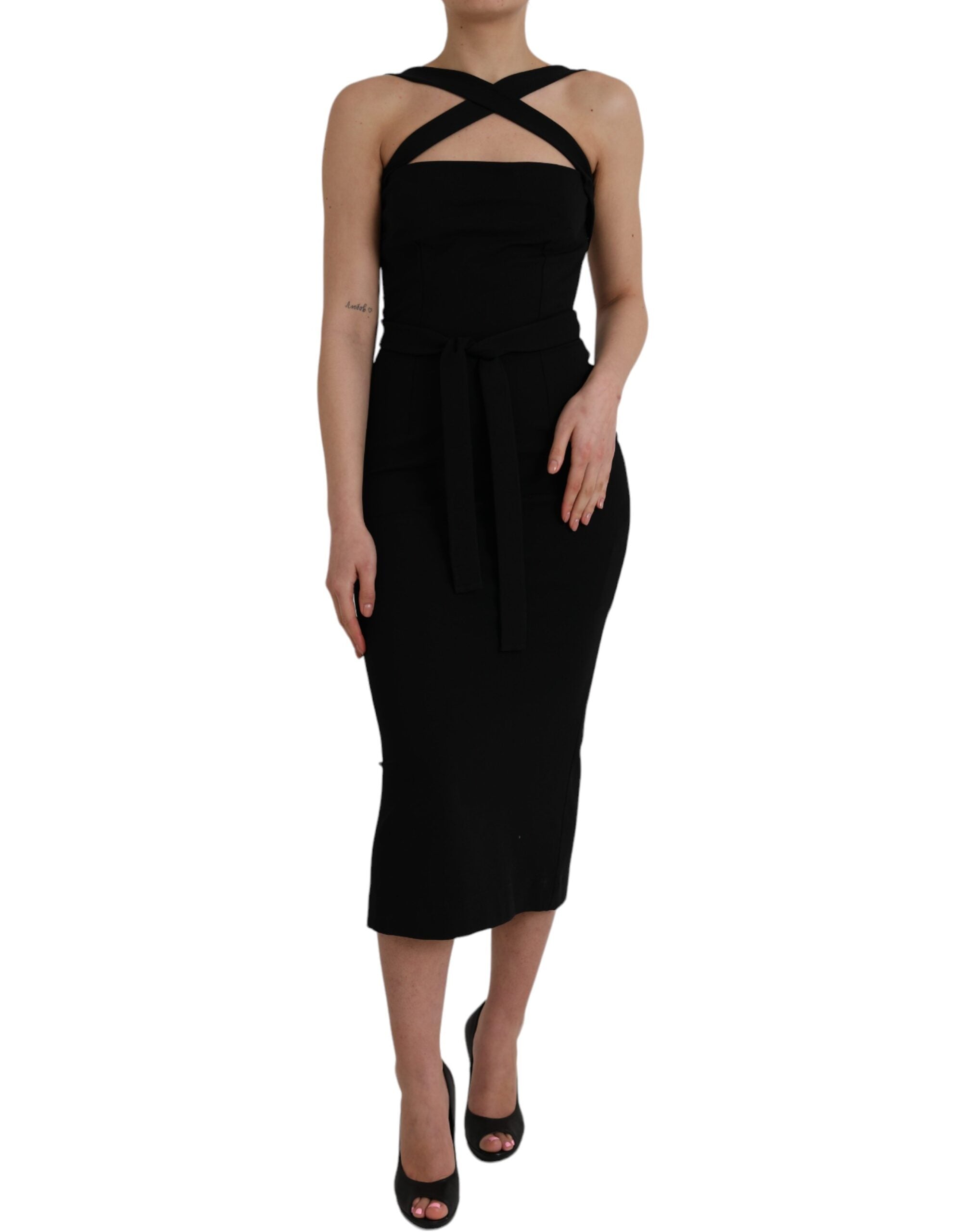 Dolce & Gabbana Black Sheath Halter Sleeveless Midi Women's Dress