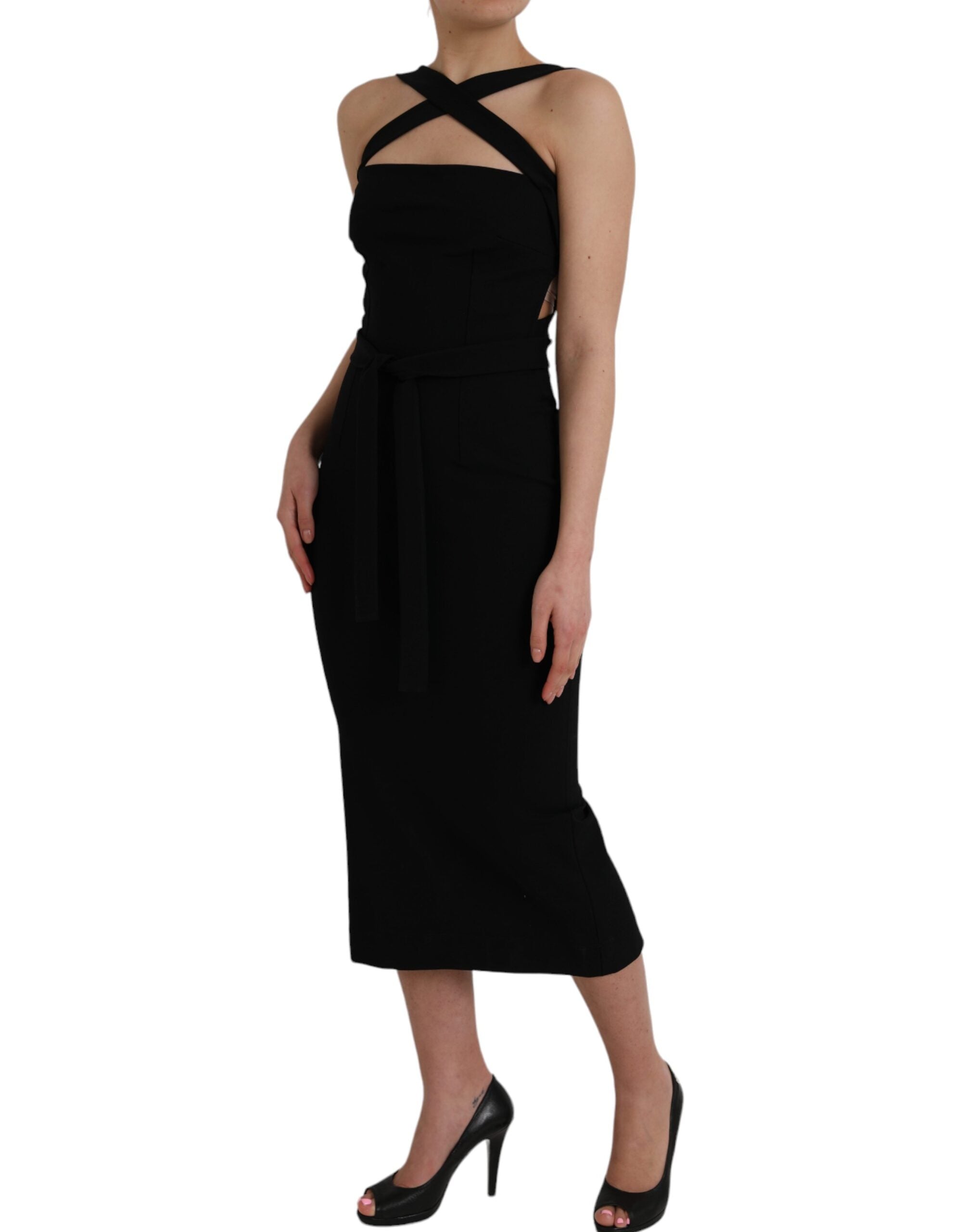 Dolce & Gabbana Black Sheath Halter Sleeveless Midi Women's Dress