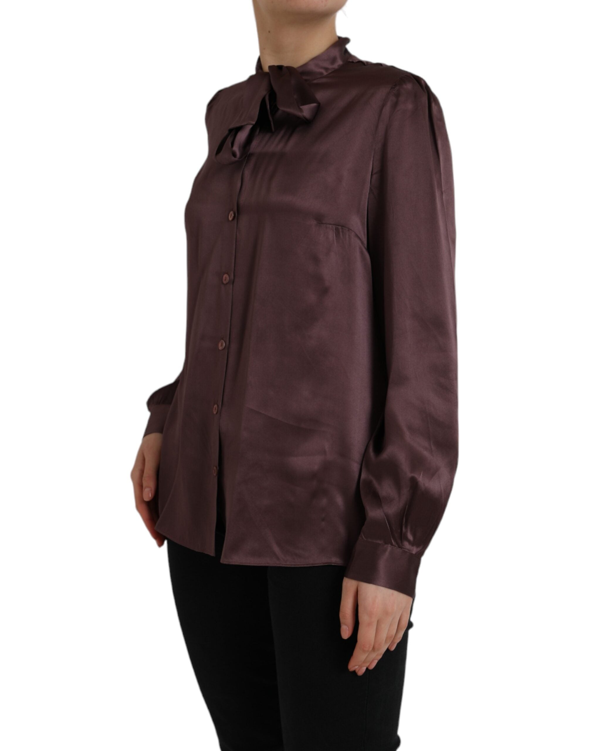 Dolce \u0026 Gabbana Brown Ascot Collar Long Sleeve Top Women's Blouse (Pre, image size:2008x2560