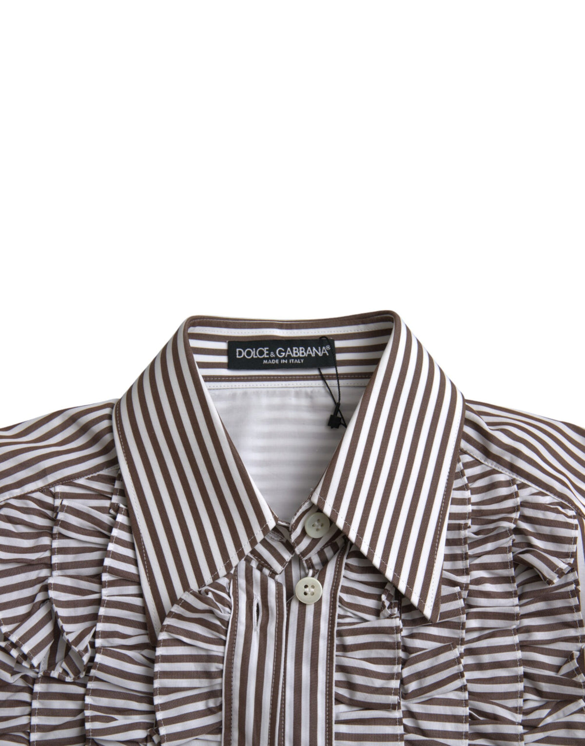Dolce & Gabbana White Stripes Cotton Long Sleeves Ruffle Collar Women's Top