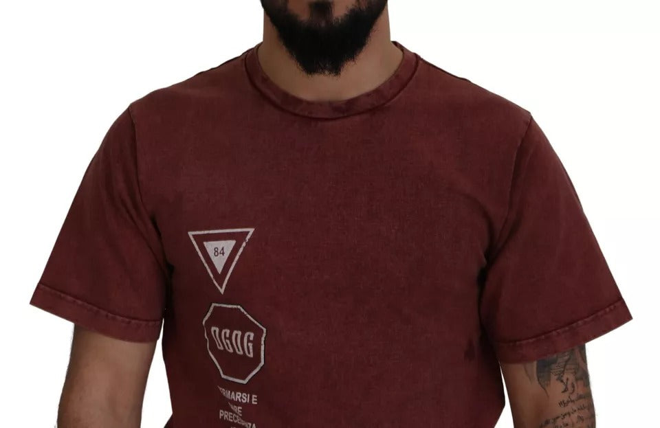 Dolce & Gabbana Maroon Printed Crewneck Tee Cotton Men's T-shirt (Pre-Owned)