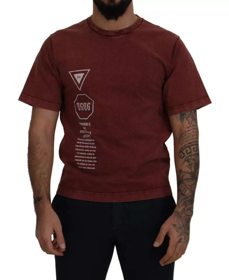 Dolce & Gabbana Maroon Printed Crewneck Tee Cotton Men's T-shirt (Pre-Owned)