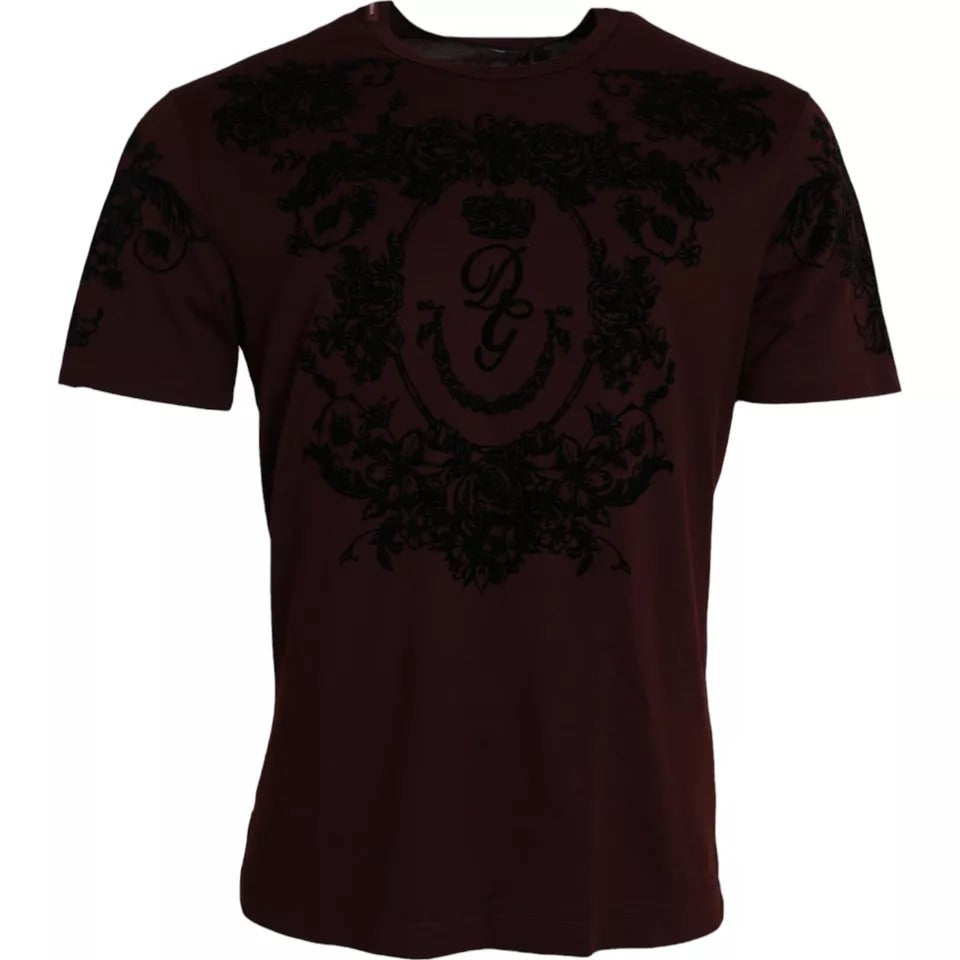 Dolce & Gabbana Maroon DG Crown Floral Crewneck Men Men's T-shirt (Pre-Owned)