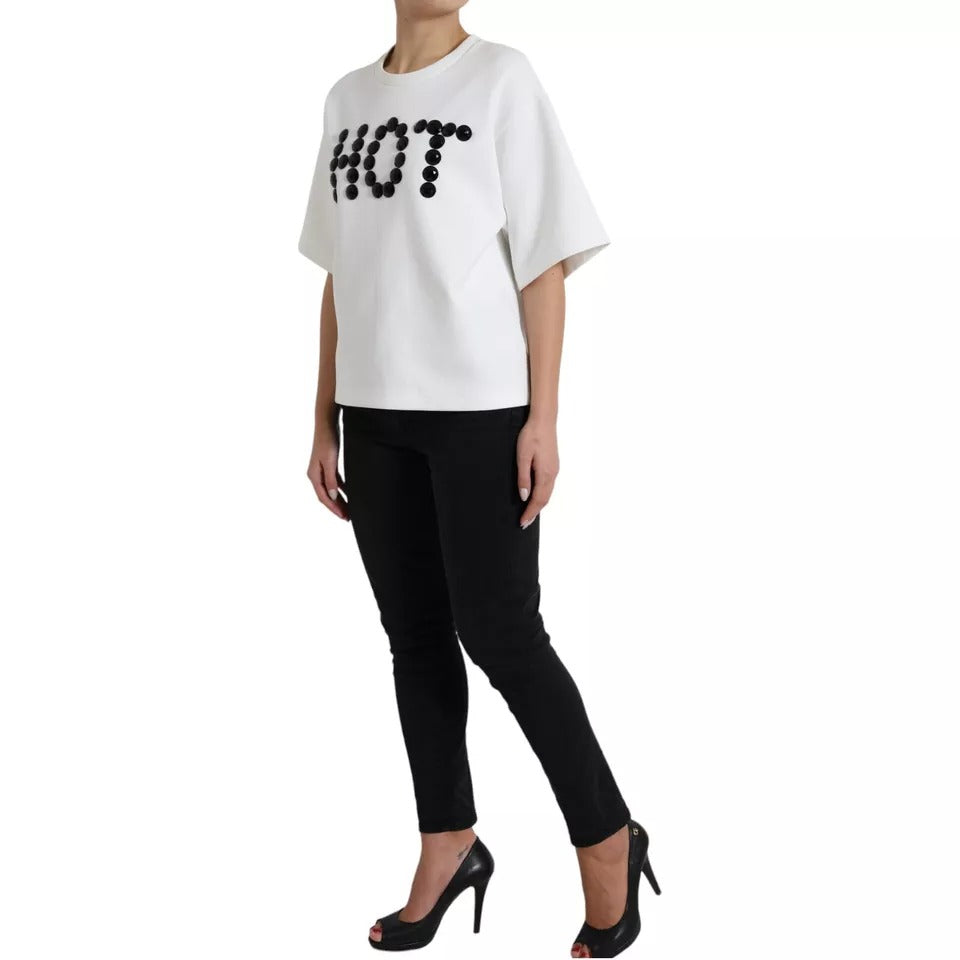 Dolce & Gabbana White Cotton Black HOT Crystal Top Women's T-shirt (Pre-Owned)