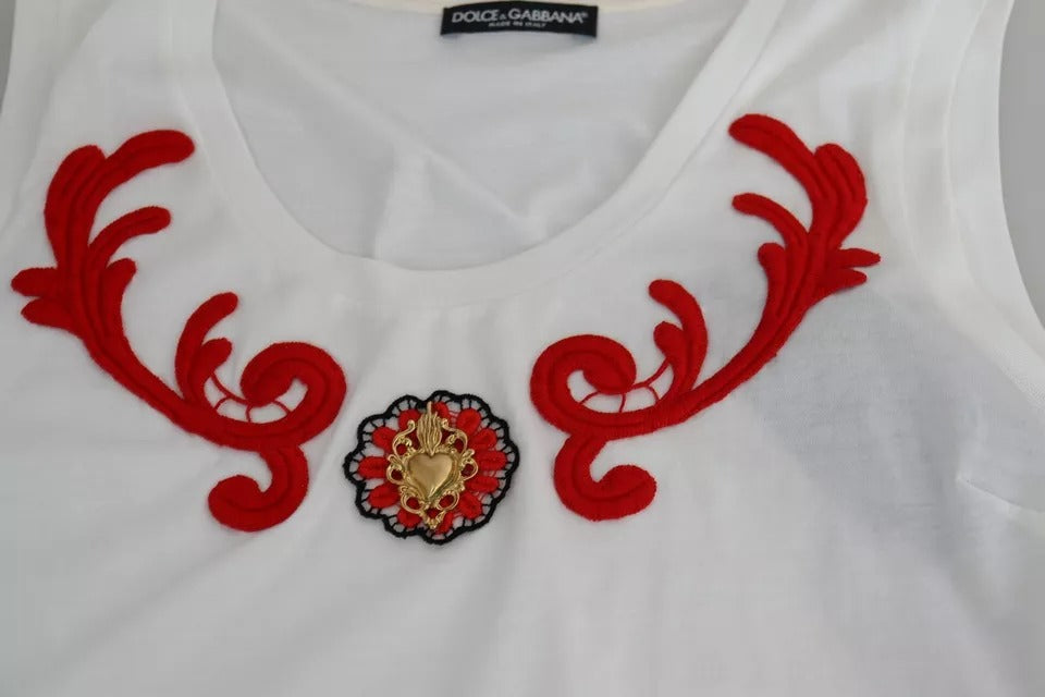 Dolce & Gabbana White Cotton Heart Applique Sleeveless Tank Women's Top (Pre-Owned)