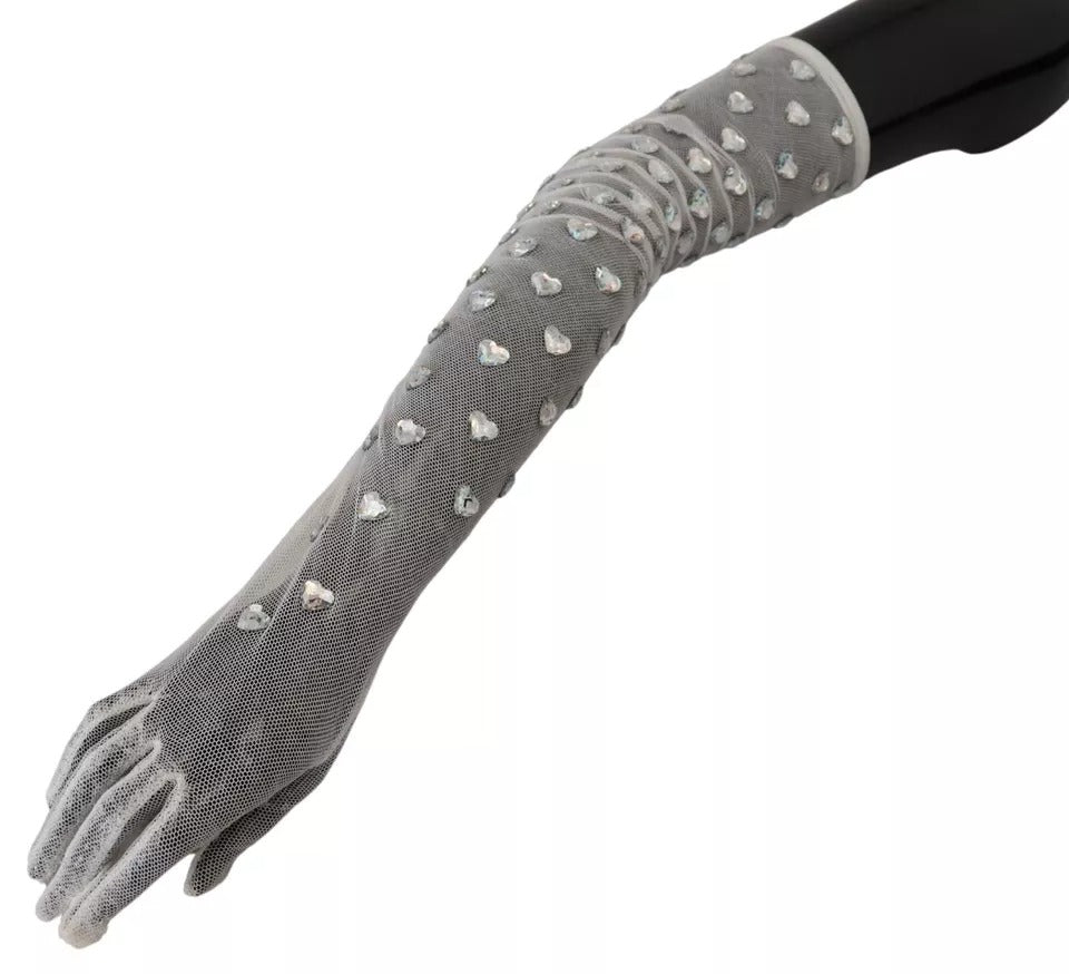 Dolce & Gabbana White Crystal Elbow Length Cotton Tulle Women's Gloves (Pre-Owned)