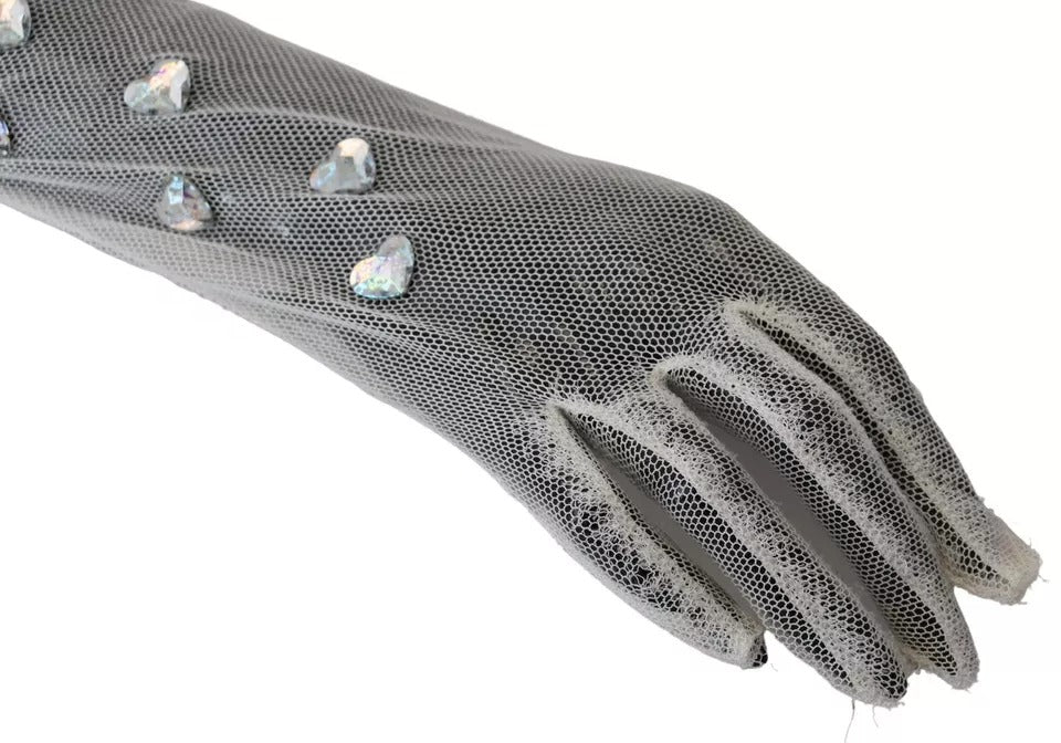 Dolce & Gabbana White Crystal Elbow Length Cotton Tulle Women's Gloves (Pre-Owned)