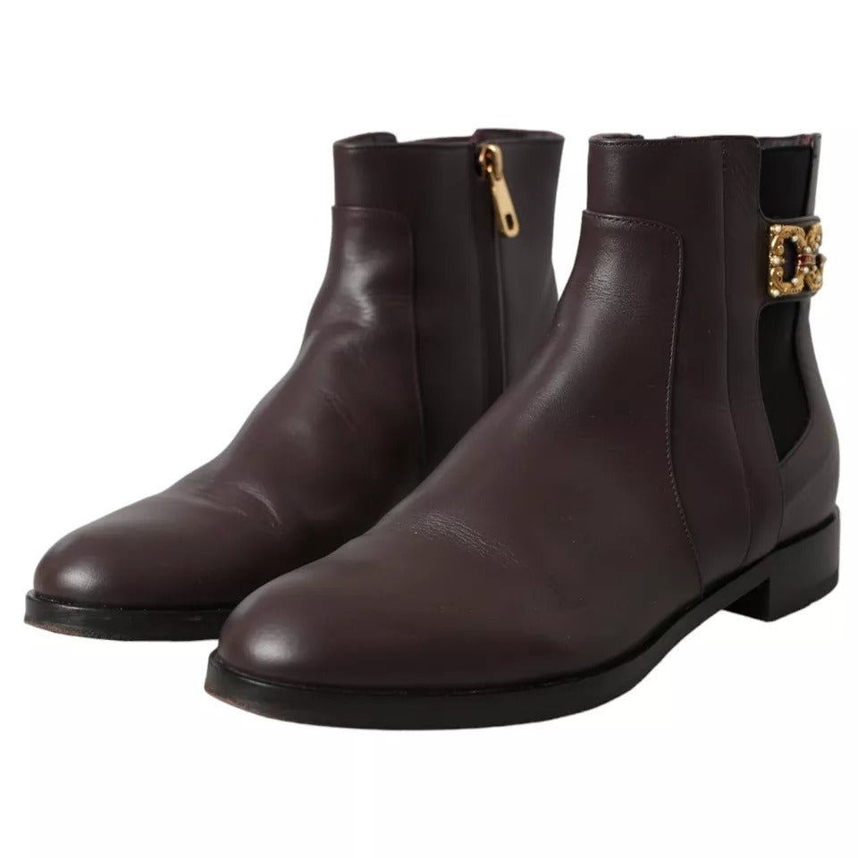 Dolce & Gabbana Brown Leather AMORE Flats Ankle Boots Women's Shoes (Pre-Owned)