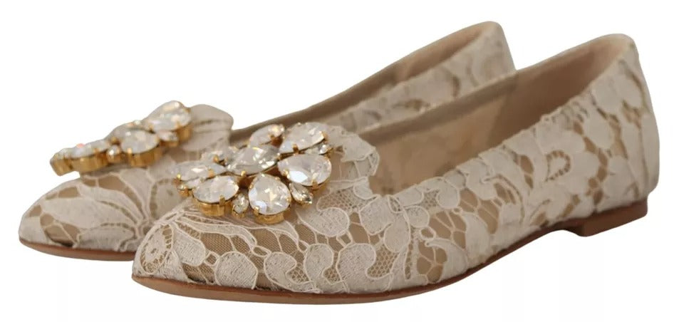 Dolce & Gabbana Beige Lace Crystal Ballet Flats Loafers Women's Shoes (Pre-Owned)