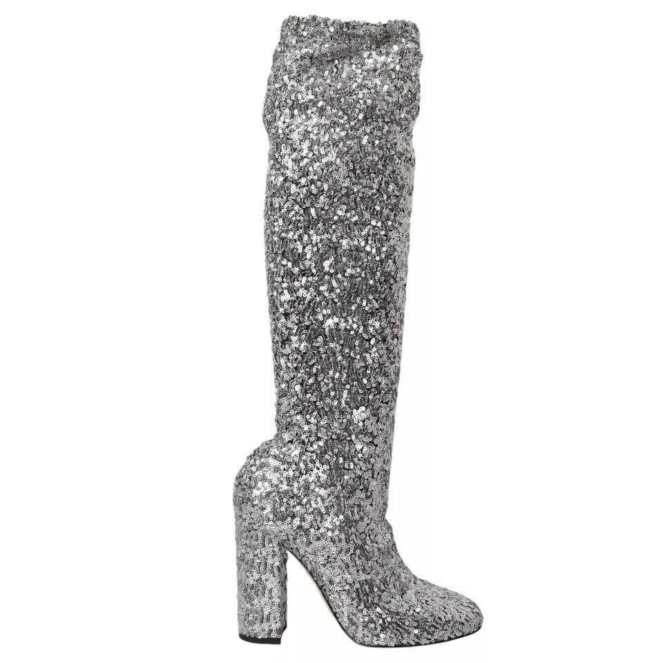 Dolce & Gabbana Silver Sequined High Boots Stretch Women's Shoes (Pre-Owned)