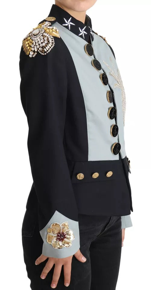 Dolce & Gabbana Blue Button Crystal Embellished Cotton Women's Jacket