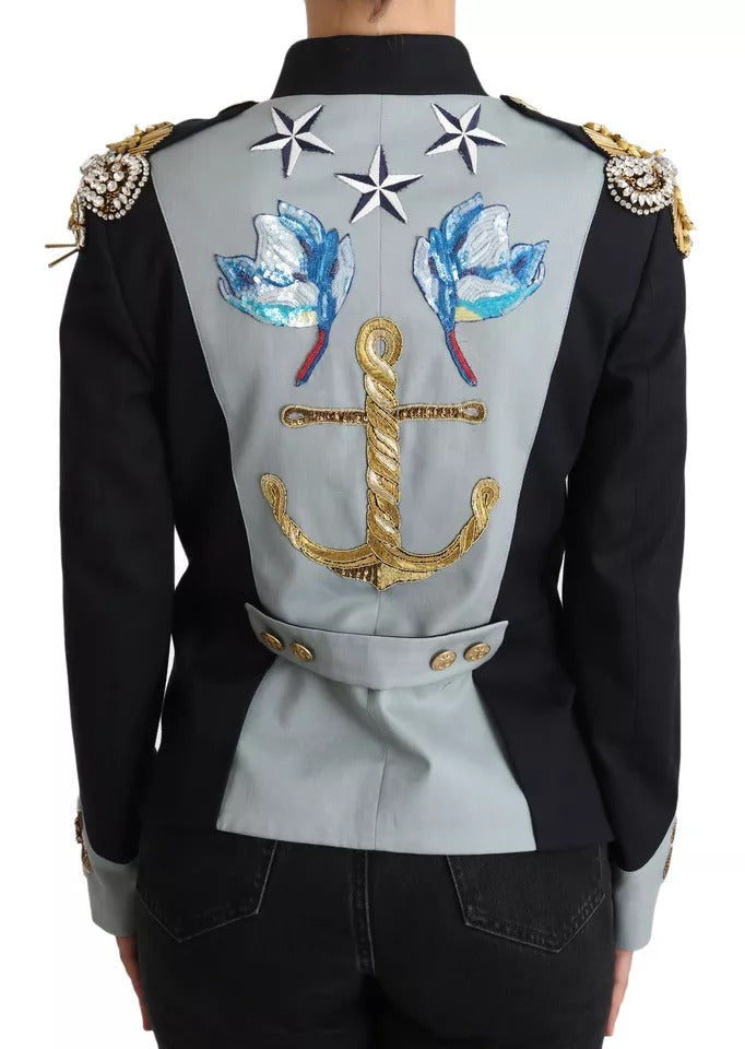 Dolce & Gabbana Blue Button Crystal Embellished Cotton Women's Jacket