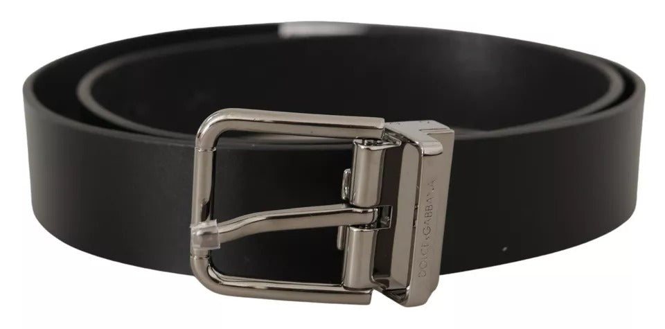 Dolce & Gabbana Black Calf Leather Logo Engraved Metal Buckle Men's Belt