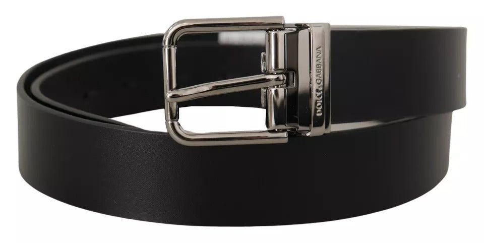 Dolce & Gabbana Black Calf Leather Logo Engraved Metal Buckle Men's Belt